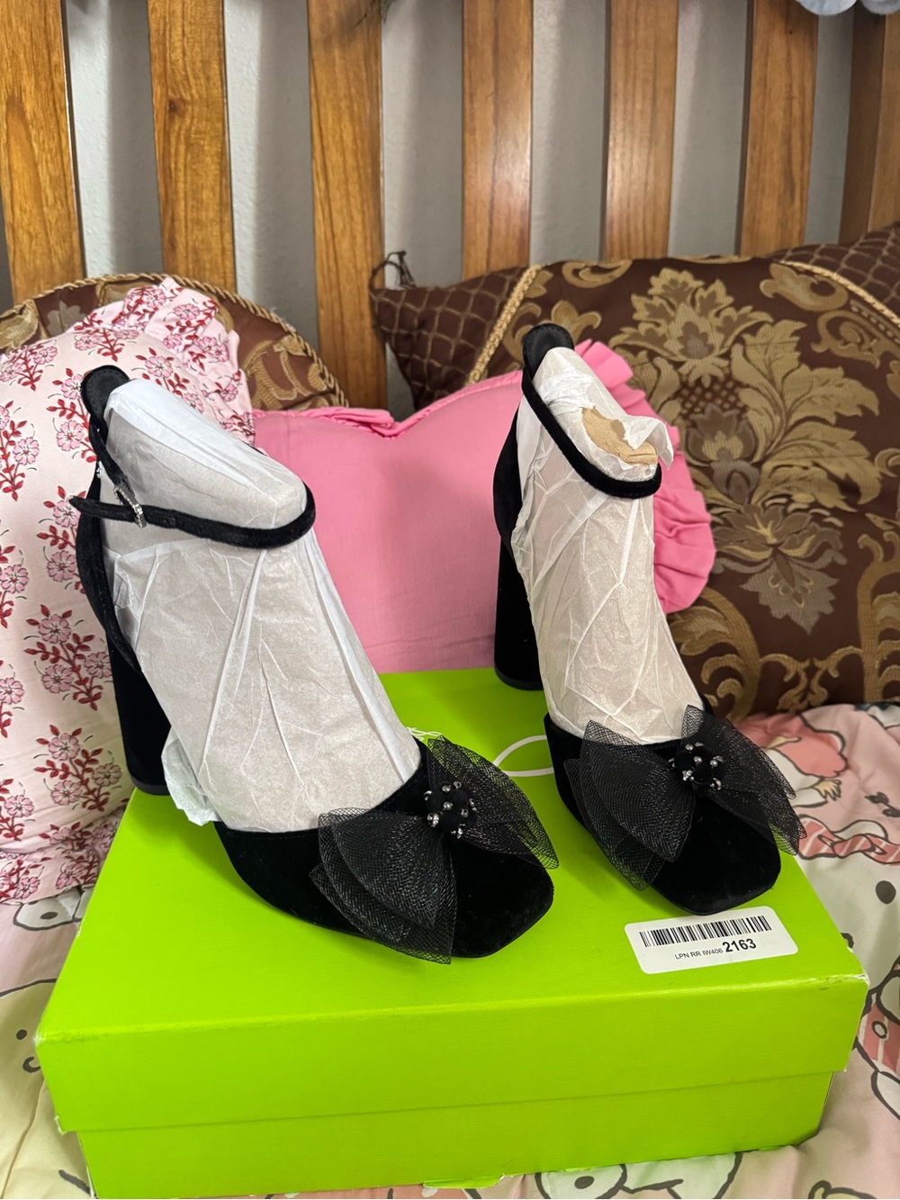 New Sam Edelman Black Velvet Peep-Toe Block platform Sandals with Bow Accent
